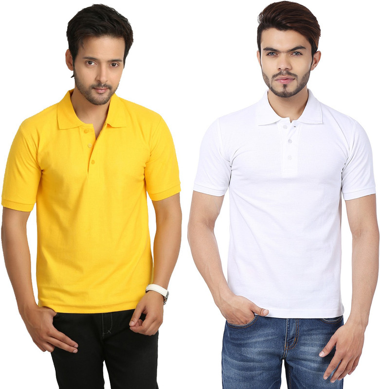 Weardo Solid Men Polo Neck White, Yellow T-Shirt(Pack of 2)