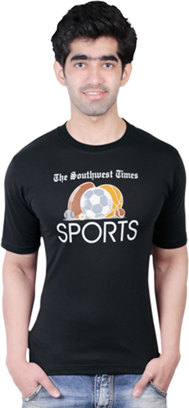 Fashionable Printed Men Round Neck Reversible Black T-Shirt