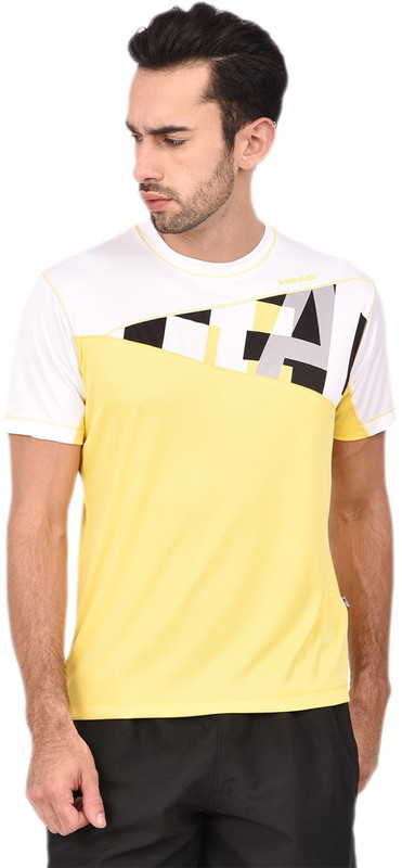 Head Self Design Men Round Neck Yellow, White T-Shirt