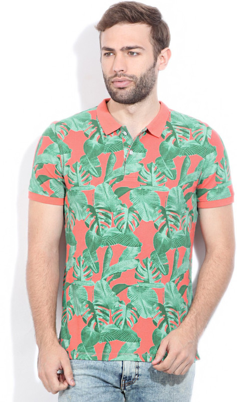 United Colors of Benetton. Printed Men Polo Neck Green, Orange T-Shirt