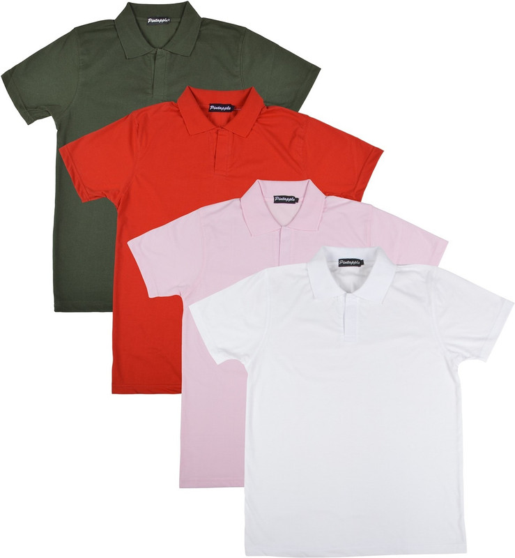 Pintapple Solid Men Polo Neck White, Pink, Red, Dark Green T-Shirt(Pack of 4)