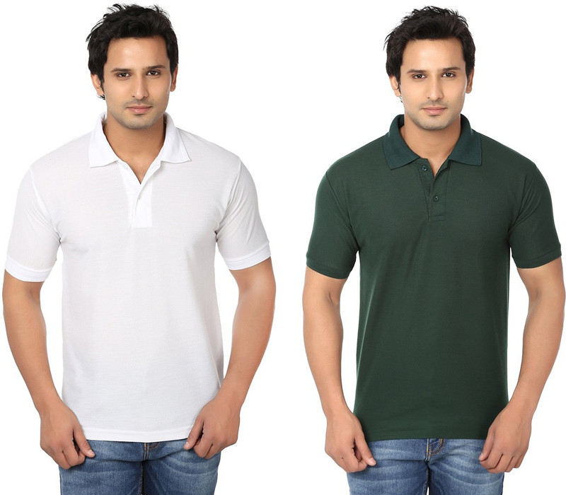 Keepsake Solid Men Polo Neck White, Dark Green T-Shirt(Pack of 2)
