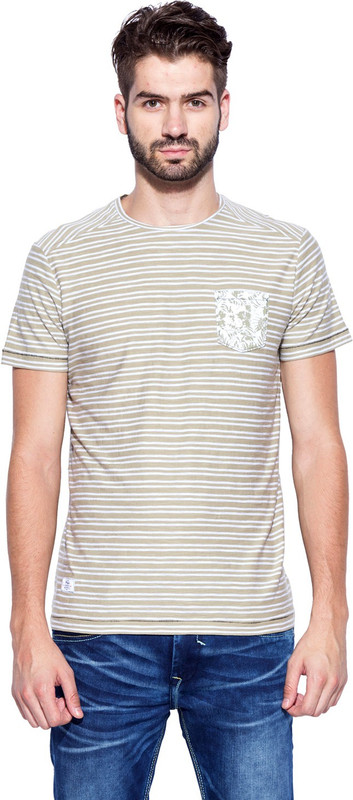 Mufti Striped Men Round Neck Beige, White T-Shirt