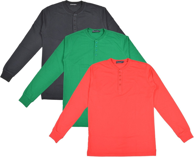 Pintapple Solid Men Henley Red, Green, Black T-Shirt(Pack of 3)