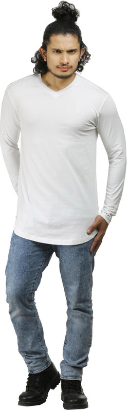 Oviyon Solid Men V-neck White T-Shirt