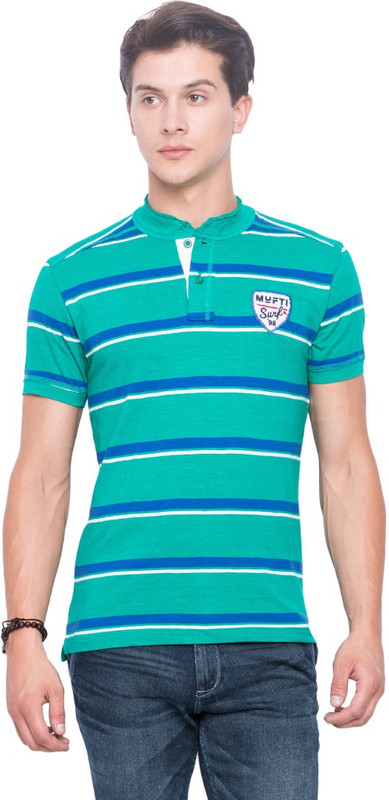 Mufti Striped Men Mandarin Collar Green T-Shirt