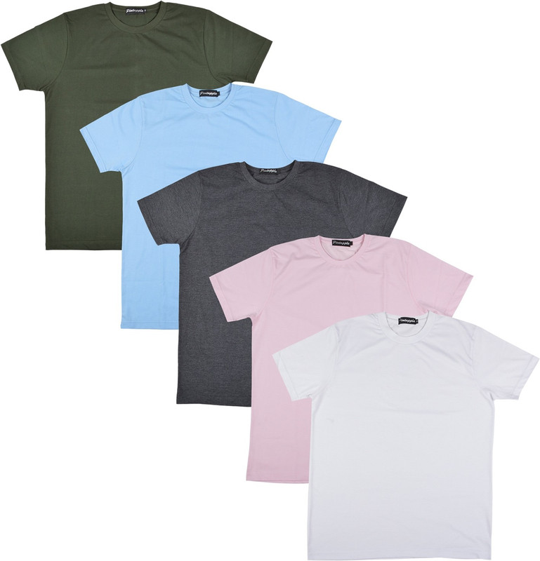 Pintapple Solid Men Round Neck White, Pink, Grey, Light Blue, Dark Green T-Shirt(Pack of 5)