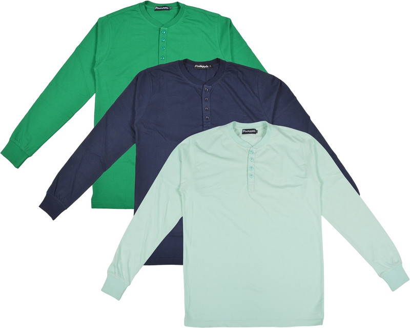 Pintapple Solid Men Henley Light Green, Dark Blue, Green T-Shirt(Pack of 3)
