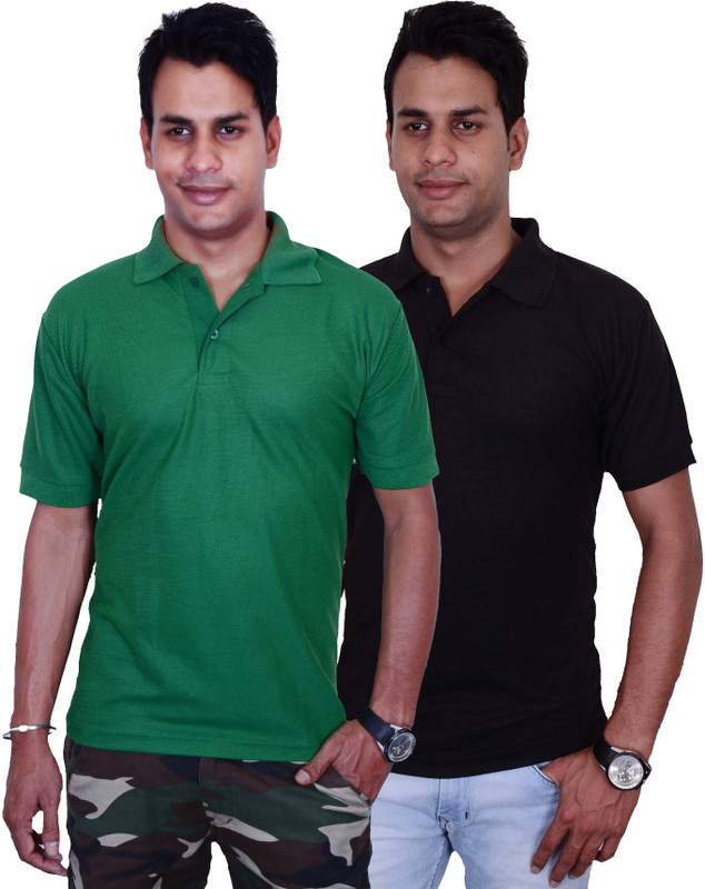 Blaze Solid Men Polo Neck Green, Black T-Shirt(Pack of 2)