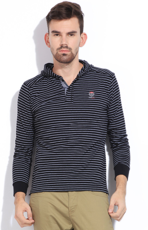 Mufti Striped Men Hooded Black T-Shirt