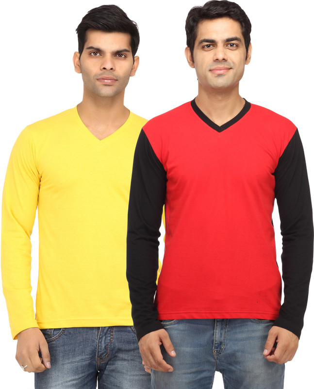 Leana Solid Men Round Neck Yellow, Red T-Shirt(Pack of 2)