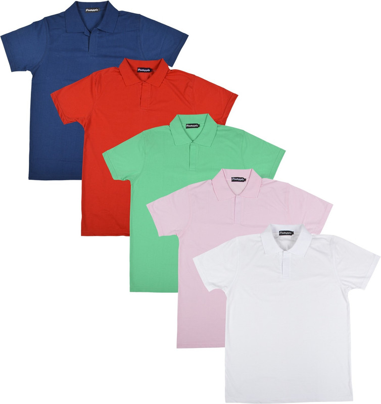 Pintapple Solid Men Polo Neck White, Pink, Light Green, Red, Dark Blue T-Shirt(Pack of 5)