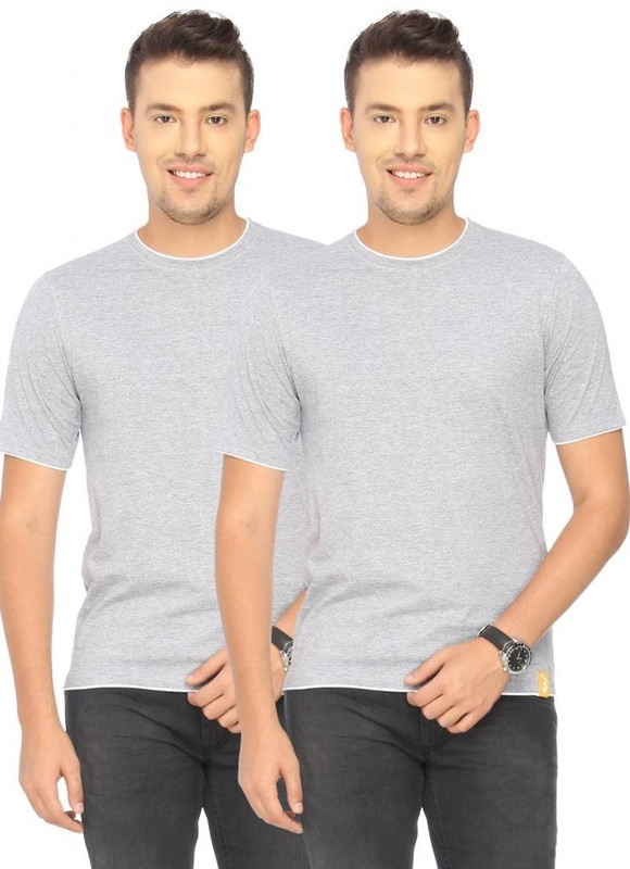 Campus Sutra Solid Men Round or Crew Grey T-Shirt(Pack of 2)