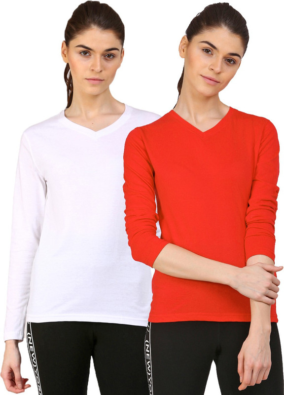 Ap'pulse Solid Women V-neck White, Red T-Shirt(Pack of 2)
