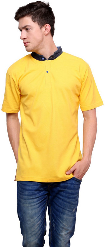 Lemon & Vodka Solid Men Mandarin Collar Yellow T-Shirt