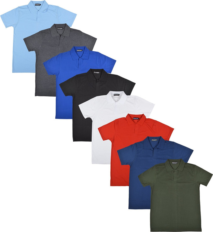Pintapple Solid Men Polo Neck White, Black, Blue, Grey, Light Blue, Red, Dark Blue, Dark Green T-Shirt(Pack of 8)