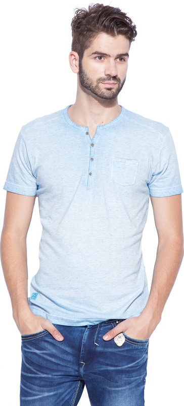 Mufti Solid Men Henley Light Blue T-Shirt