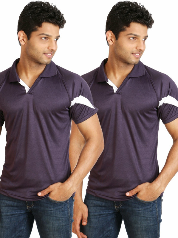 Campus Sutra Solid Men Polo Neck Purple T-Shirt(Pack of 2)