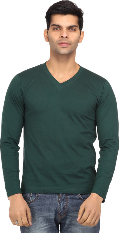 Leana Solid Men V-Neck Dark Green T-Shirt