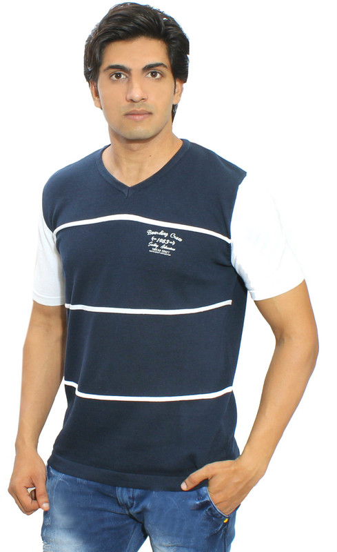 Thread Craft Striped Men V-neck Dark Blue T-Shirt