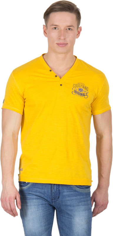 Wilkins & Tuscany Solid Men V-neck Yellow T-Shirt