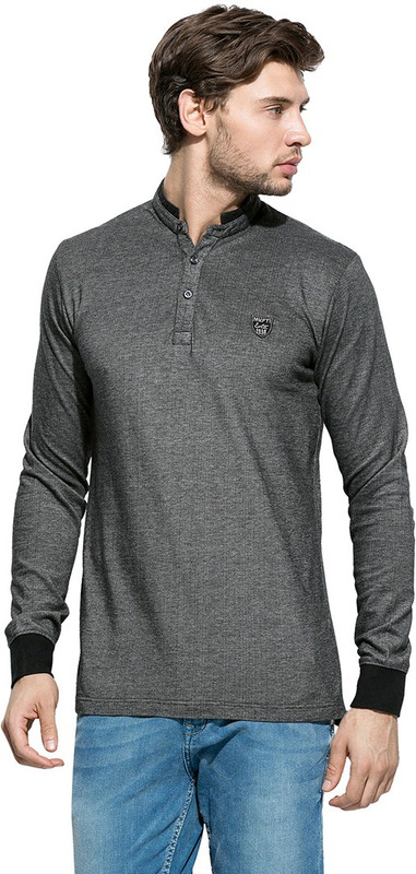 Mufti Solid Men Mandarin Collar Grey T-Shirt