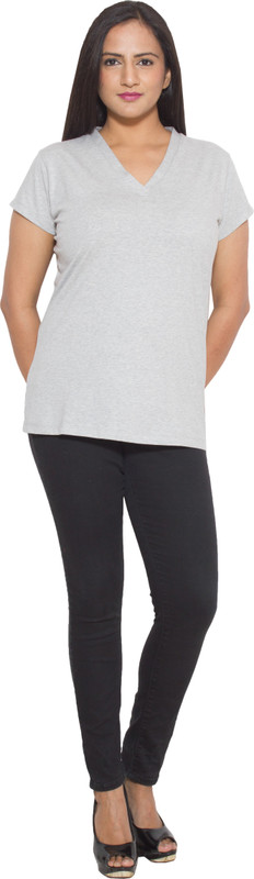 Finesse Solid Women V-neck Grey T-Shirt