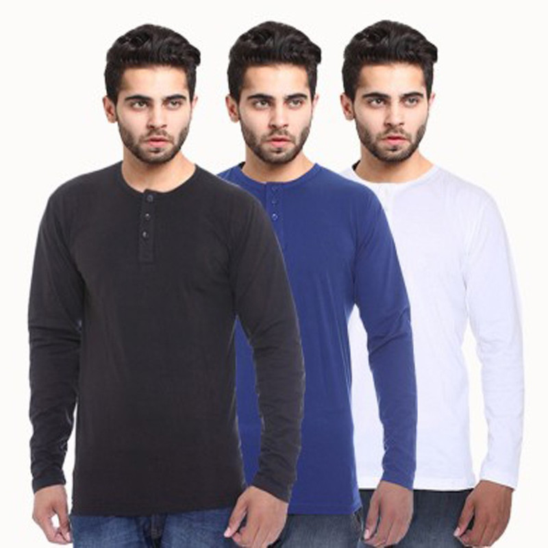 Sampoorna Collection Solid Men Henley Blue, Black, White T-Shirt(Pack of 3)