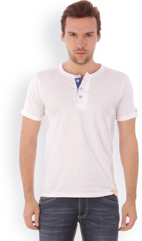 Campus Sutra Solid Men Henley White T-Shirt