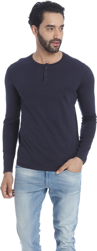 Jack & Jones Solid Men Henley Dark Blue T-Shirt