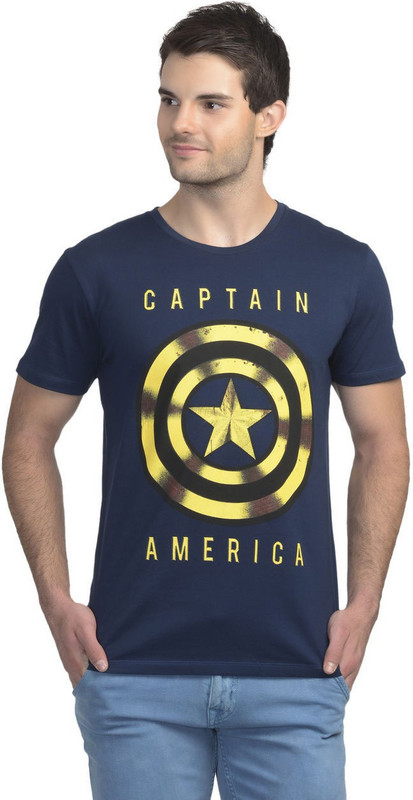 Captain America Printed Men Round or Crew Blue T-Shirt