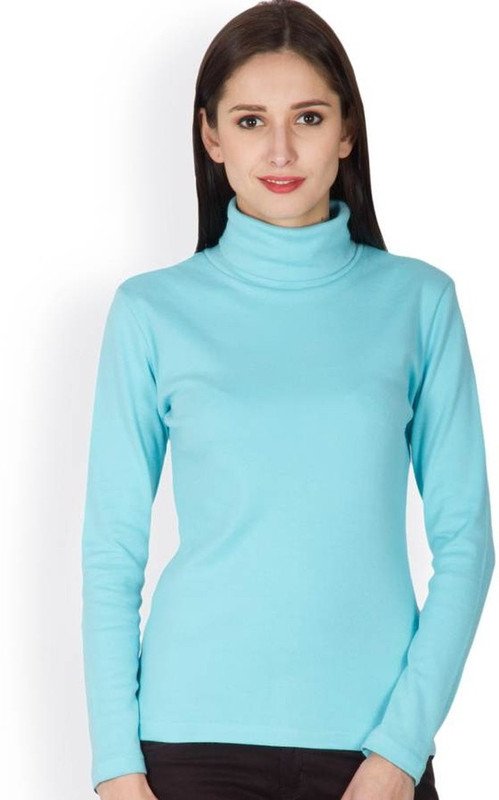 Hypernation Solid Women Turtle Neck Light Blue T-Shirt
