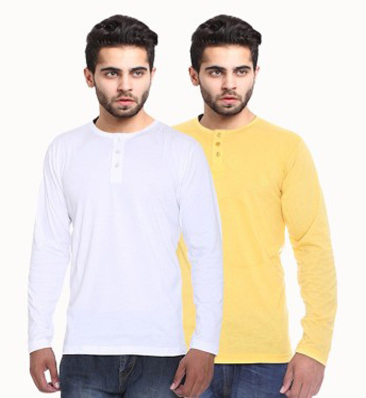 Sampoorna Collection Solid Men Henley Yellow, White T-Shirt(Pack of 2)
