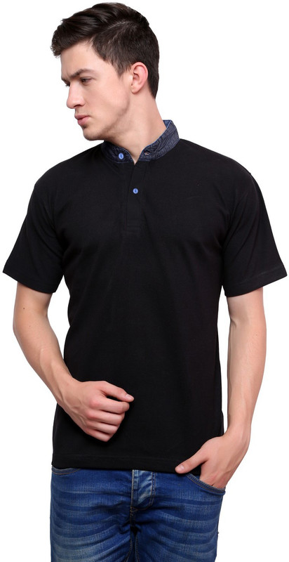 Lemon & Vodka Solid Men Mandarin Collar Black T-Shirt