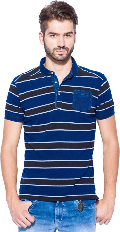 Mufti Striped Men Polo Neck Black, Blue T-Shirt