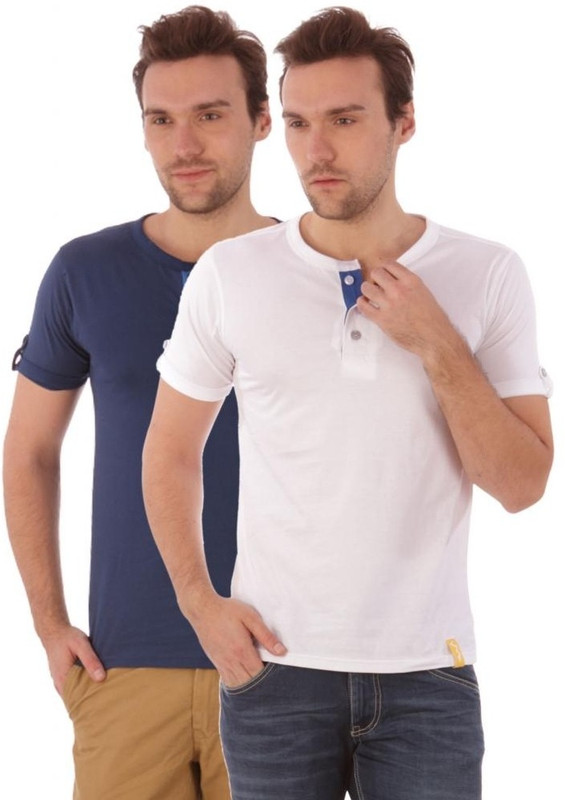 Campus Sutra Solid Men Henley Blue, White T-Shirt(Pack of 2)