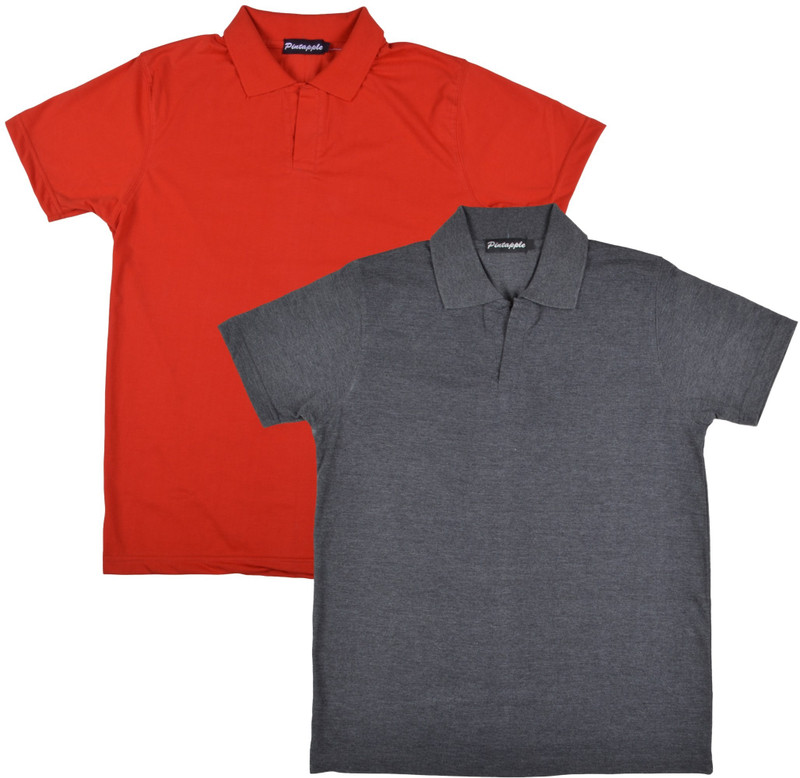 Pintapple Solid Men Polo Neck Grey, Red T-Shirt(Pack of 2)