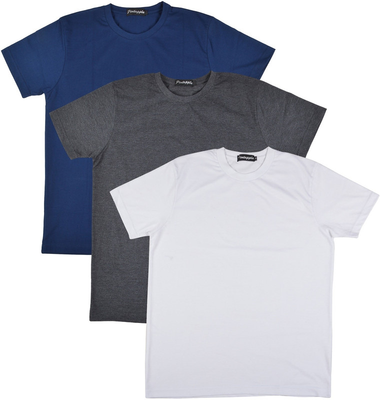 Pintapple Solid Men Round Neck White, Grey, Dark Blue T-Shirt(Pack of 3)