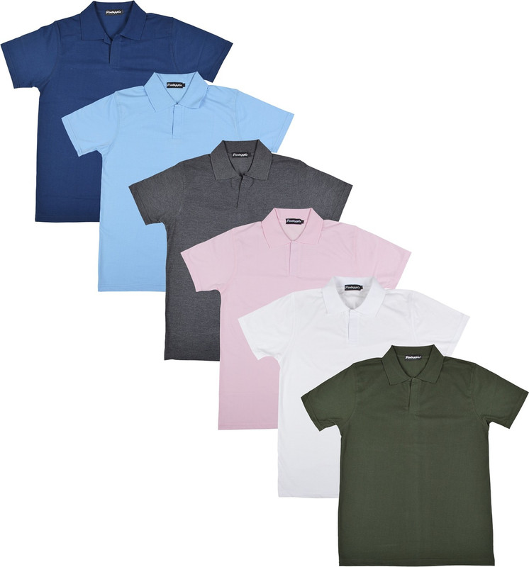 Pintapple Solid Men Polo Neck White, Pink, Grey, Light Blue, Dark Blue, Dark Green T-Shirt(Pack of 6)