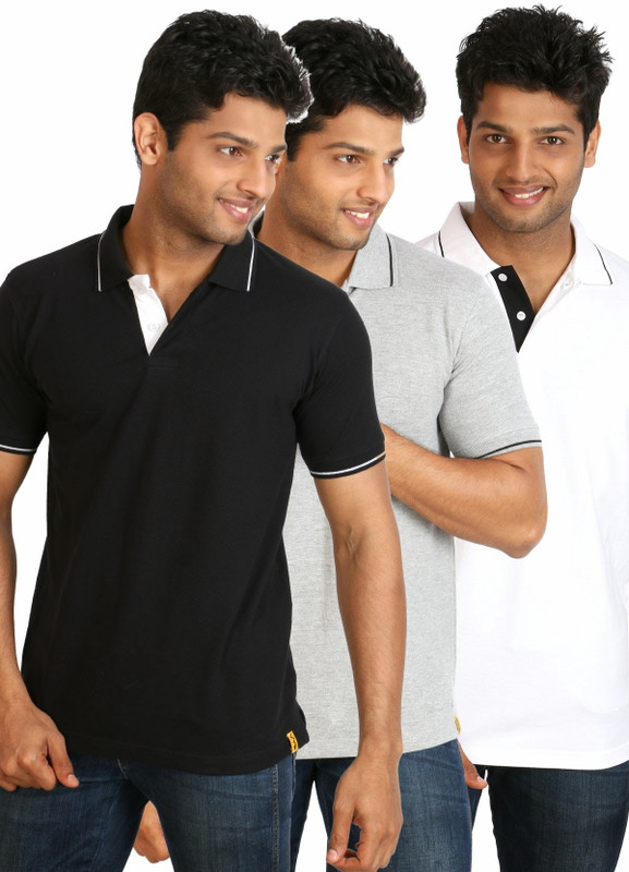 Campus Sutra Solid Men Polo Neck Black, Grey, White T-Shirt(Pack of 3)