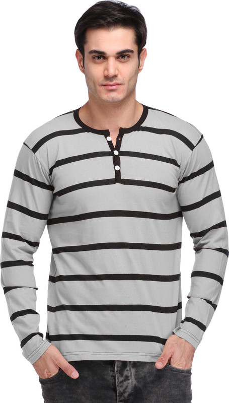 Leana Striped Men Round Neck Grey, Black T-Shirt