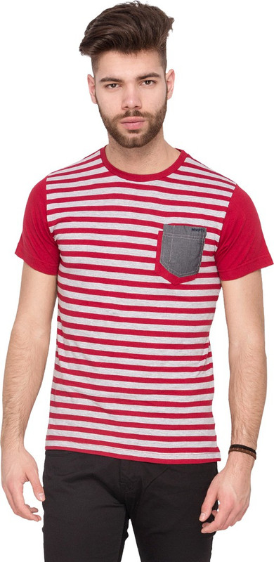 Mufti Striped Men Round Neck Red T-Shirt