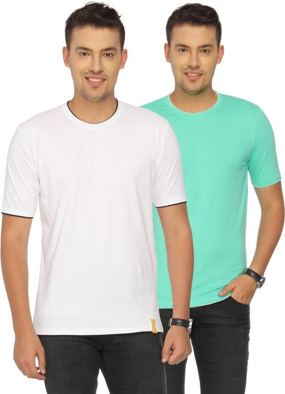 Campus Sutra Solid Men Round or Crew White, Green T-Shirt(Pack of 2)