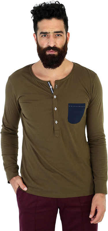 Mr Button Solid Men Henley Green T-Shirt