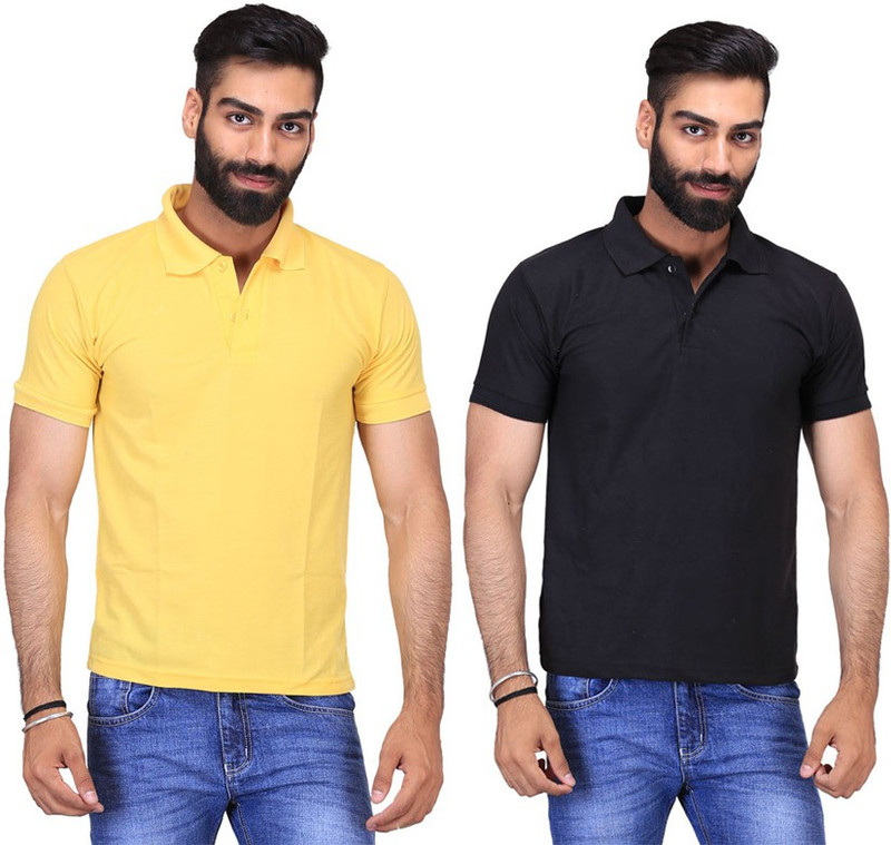 Fuego Solid Men Polo Neck Black, Yellow T-Shirt(Pack of 2)