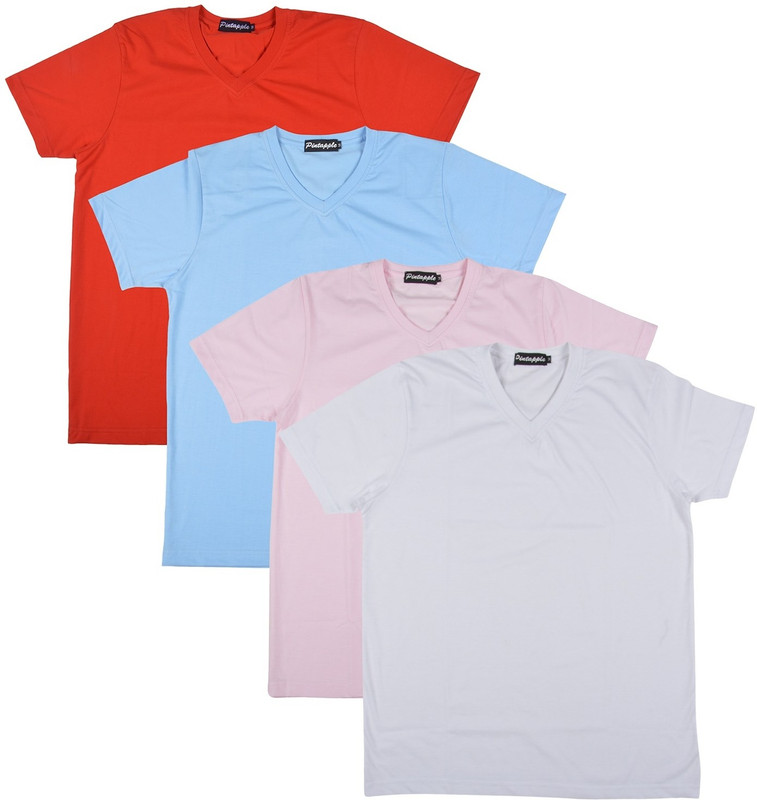 Pintapple Solid Men V-neck White, Pink, Light Blue, Red T-Shirt(Pack of 4)