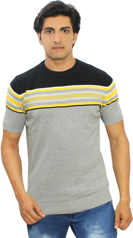 Thread Craft Striped Men Round Neck Grey T-Shirt