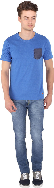 Caricature Solid Men Round Neck Blue T-Shirt Caricature Solid Men Round Neck Blue T-Shirt