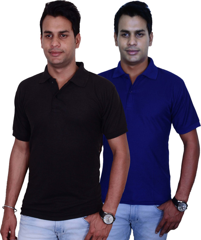 Blaze Solid Men Polo Neck Black, Dark Blue T-Shirt(Pack of 2)