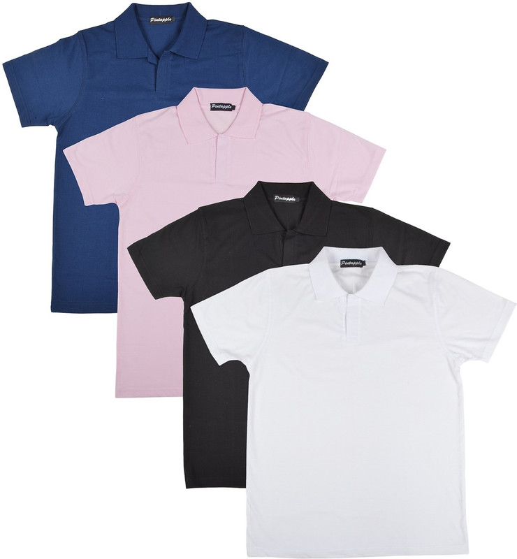 Pintapple Solid Men Polo Neck White, Black, Pink, Dark Blue T-Shirt(Pack of 4)